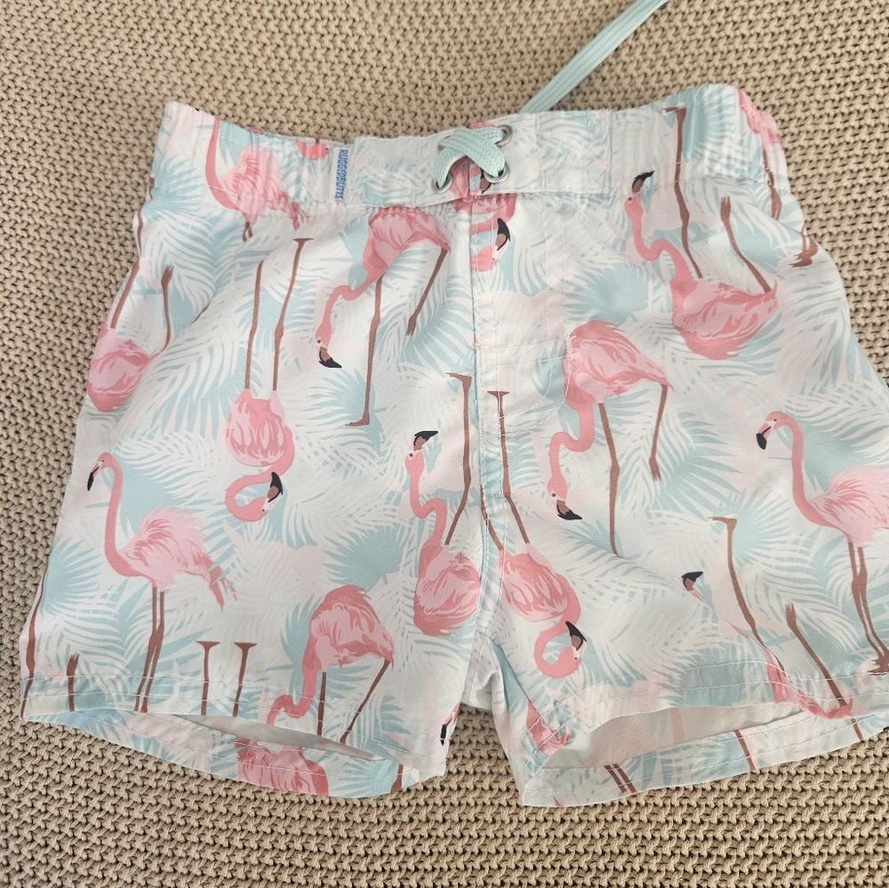 Ruffle Butts Pink Flamingo Swim Trunks